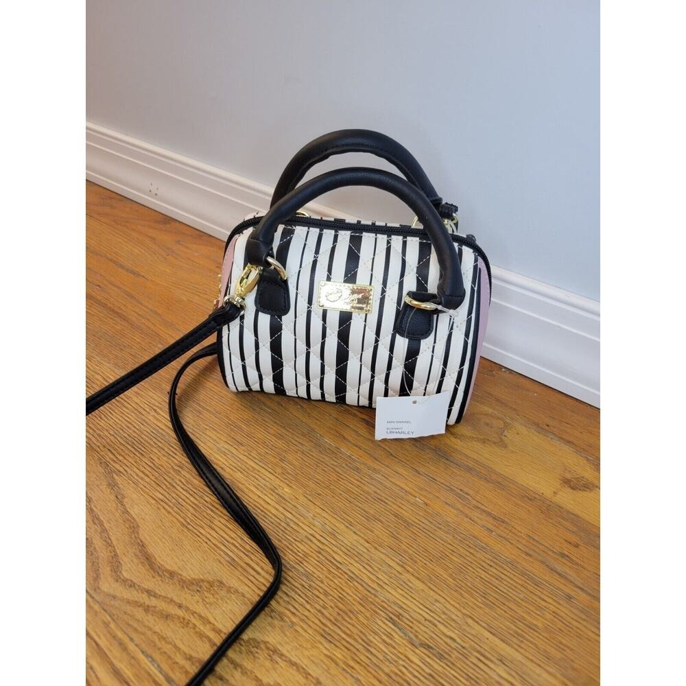 Betsey Johnson Mini Barrel Striped crossbody purse bag White Black Pink Purse